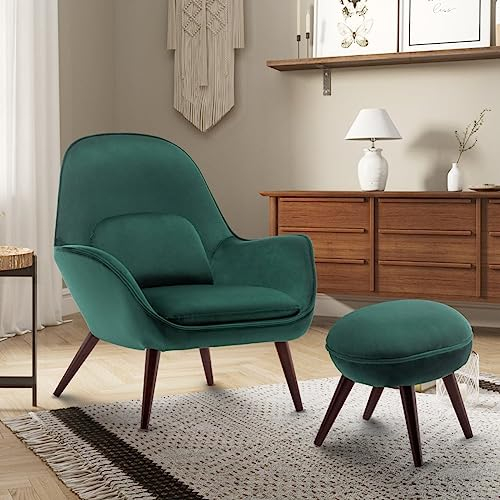 Elegant Bottle Green Velvet Living Room Armchair and Footstool Set with Dark Wood Feet – Modern Curved High Back Armchair with Lower Back Support and Round Ottoman, Durable Fabric & Sturdy Frame