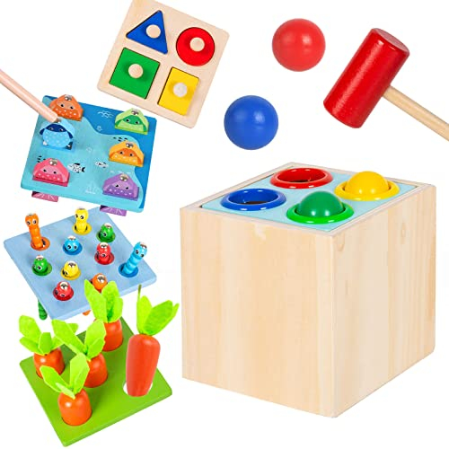 Yellcetoy Montessori Spielzeug ab 1 Jahr, 5 In 1 Holzspielzeug Baby Sortier & Stapelspielzeug Motorikspielzeug Angelspiel Hammerspiel für Jungen und Mädchen Lernspielzeug Geschenk ab 1 2 3 4 5 Jahre