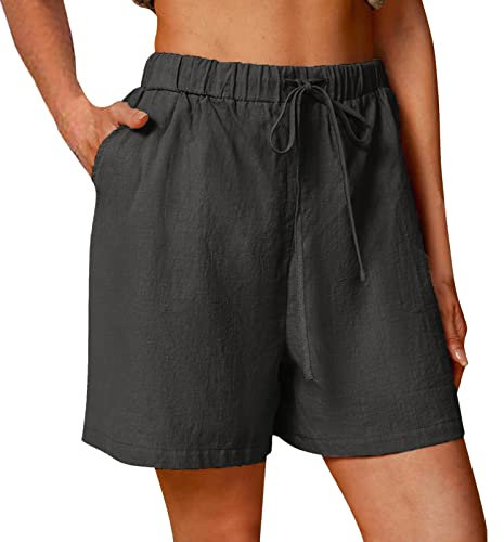 Short Femme été en Lin Ou Coton Large Fluide Shorts Habillé Femme Chic Pas Cher Grande Taille élastique avec Poches Confortable Ample Casual Sport Jogging Pantalon Court (Gris, L)