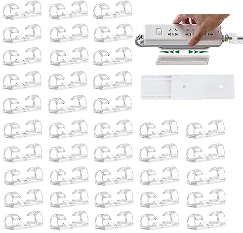 VIKY® Kabelhalter Selbstklebend Set, 40 Stück Kabelclips Transparent, Kabelbefestigung Selbstklebend, 1 Stück Steckdosenleisten Halterung, Steckdosenleiste Wandhalterung, Steckerleiste Sockelhalter