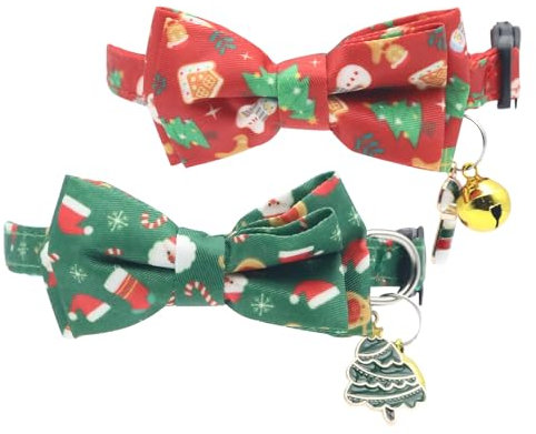 Kryzalite® Lot de 2 colliers de Noël en coton avec nœud papillon, colliers pour chat rouge et vert, colliers pour chat avec clochette, béquille, breloques arbre de Noël