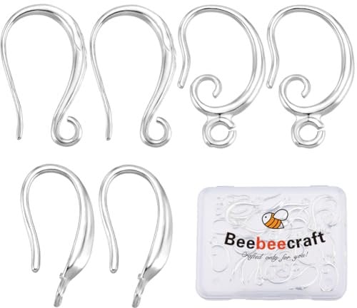 Beebeecraft 1 Box 30Pcs Earring Hooks 925 Sterling Silver Plated 3 Styles French Earring Hooks Ear Wires with 1.5/2mm Hole Loop Dangle Fish Hook Earwire for Earrings Jewellery Making