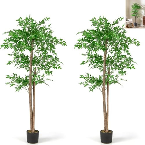 TANGZON 5FT/160CM Artificial Bamboo Tree, 1/2 Pack Tall Fake Bamboo Plant in Pot with 3 Real Wood Trunks & 1020 Lifelike Leaves, Potted Faux Tree for Living Room Bedroom Office Corner Decoration (2)