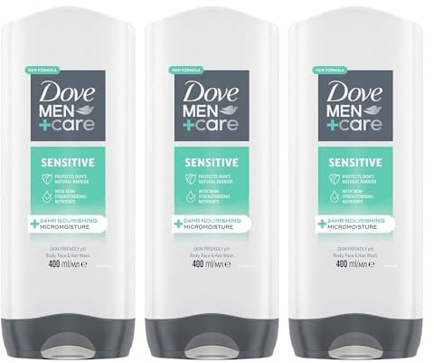 Dove Men+Care 3-in-1 Body, Face & Hair Wash Hydrating Sensitive Provides 24 Hour Nourishment with Clean and Calm Scent of Fresh Mint and Cedar Body Wash for Men, 400ml Pack of 3