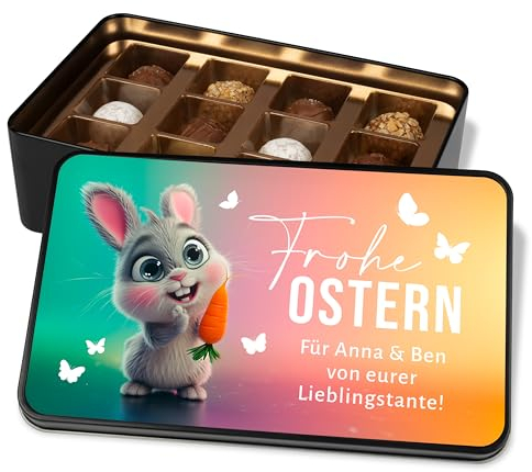 Personalisierte Schokolade zu Ostern - Dein Ostergeschenk „Frohe Ostern!“ – Osterhase mit Möhrchen – Geschenkdose mit 12 Confiserie-Pralinen