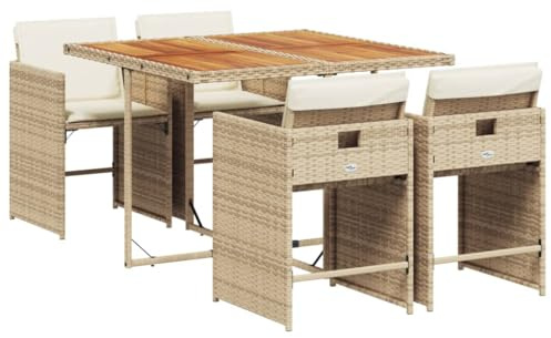 vidaXL Garten Essgruppe 5-TLG., Gartenmöbel Set mit Kissen, Gartengarnitur Tisch 4 Stühle, Sitzgruppe Sitzgarnitur, Beige Poly Rattan