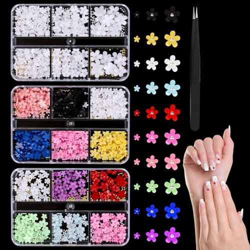 3D Flower Nail Charms with Metal Beads - Y2K Cute Design DIY Nail Art Decorations (3 Box Set + Tweezers) - Nail Art Supplies