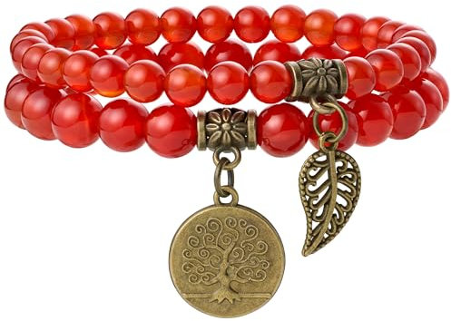 Farfume Chakra Armbänder für Frauen - Kristalle Armband Frauen Natürliche Edelsteine Yoga Reiki - Ein Satz von Doppel-Armbänder(Roter Achat & LifeTree(Mittel)
