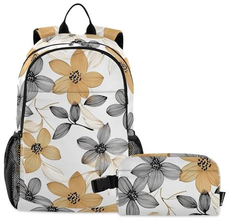 miaozhen Juego de mochila y lonchera con diseño de flores color caramelo y negro para adolescentes y niñas, con lonchera para niñas y niños, mochila escolar con lonchera de 8 a 10 años, Flores