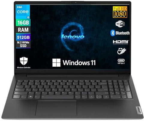 Lenovo, Ordenador portátil, pantalla Full HD de 15,6 pulgadas, Intel i3-1315U 6 Core 3,3 GHz, RAM 16 GB DDR4, 512 GB SSD NVMe, Win 11 Pro