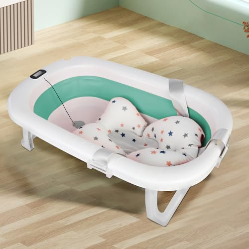 Baignoire Bébé Pliable, Support Beignoire Bébé, Bassin de bain pour bébé avec affichage de la température, 76 * 45 * 18CM (Vert)