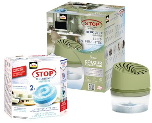Pattex AERO 360° Kompakt Luftentfeuchter Green Colour Collection und 3x 450 g Nachfülltabs, reduziert Feuchtigkeit und schlechte Gerüche, Gerät inkl. 3 Nachfüll Tabs