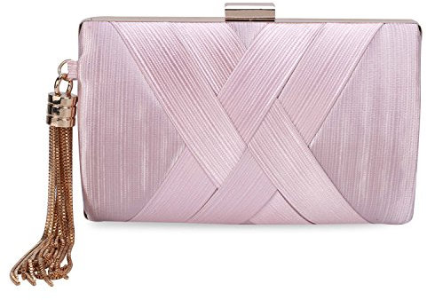 CLOCOLOR Bolso de Mano con Fleco Borlas, Bolso de Noche Estilo Elegante para Mujer Boda Partido Fiesta, Vintage Retro, Seda Rosa 17*7*10cm