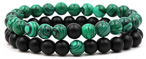 Belons Damen Herren Stretcharmbänder 8mm Grün Malachit & Schwarz Matt Achat Beads Energiearmband Partnerarmbänder Set, 2 Stücke