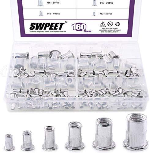 Swpeet 160Pcs Kit de tuerca de remache de cabeza plana de aleación de aluminio, que incluye una variedad de M3 M4 M5 M6 M8 M10 Nutsert de inserción de banda de rodadura de aluminio perfecto