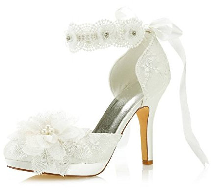 JIAJIA 3703L Scarpe da Sposa da Donna Punta Chiusa 10cm Tacco a Spillo Pizzo Satinato Piattaforma Pompe Raso Fiore Cravatta a Nastro Scarpe da Sposa Colore Avorio, Taglia 35 EU