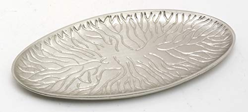 Kerzenteller, Dekoteller in ovaler Form Messing vernickelt Silber im Baum-Design 18 x 9 cm für Ovalkerzen, Ellipsenkerzen