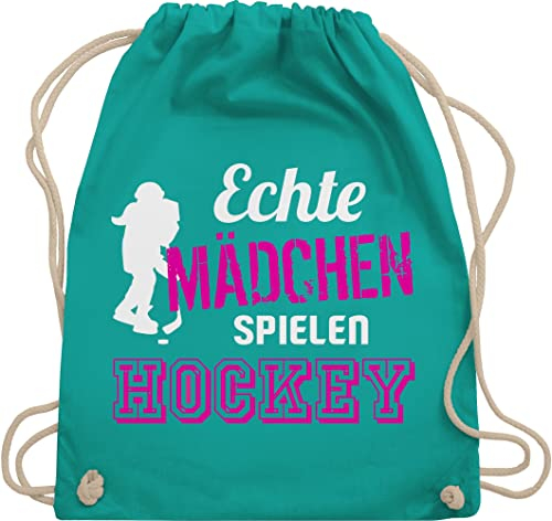 Turnbeutel Rucksack - Eishockey - Echte Mädchen spielen Hockey - Unisize - Türkis - mit kordelzug baumwollrucksack baumwolle beutel turnsack turntasche sport beuteltasche kinderbeutel gym bags