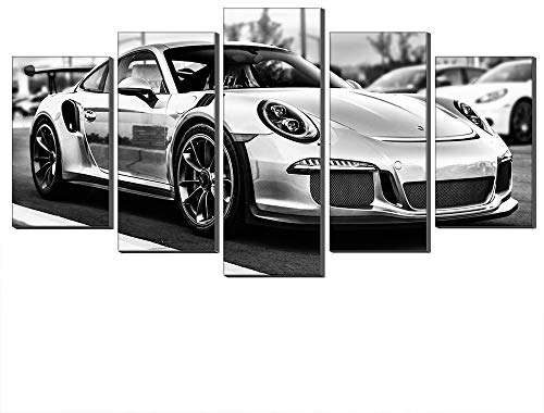 Annick Goutal Porsche 911 GT3 RS Sportwagen Leinwand Ölgemälde Wandkunst 5 Panels Schwarz-Weiß-Thema Bild Leinwand Kunstwerk Für Wohnkultur (Mit Rahmen,75 x 150 cm)