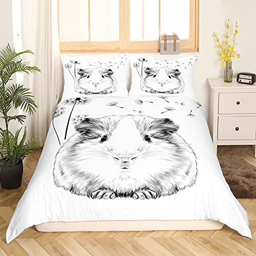 Homewish Meerschweinchen Bettbezug Löwenzahn Bettwäsche Set 155x220 Karikatur Meerschweinchen Bettbezug für Kinder Niedliche Tier Pflanze Trösterbezug, Grau Weiß Tagesdecke Schlafzimmer Dekor