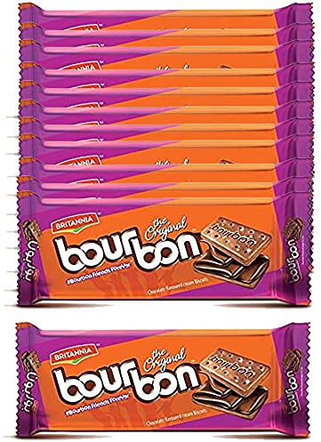 Britannia Bourbon Biscuits 100g (Pack of 12) – Snack Biscuits – Filling of Chocolate Butter Cream – Cream Biscuits – Sugar Sprinkled - Cracker Biscuits Cookies Tea Time Snacks for Kids & Family