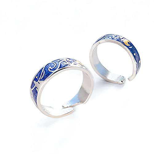 Chereda Passende Ringe mit blauem Mond, Stern, Sternennacht, Van Gogh, verstellbare Ringe für beste Freunde, Paare, Frauen, Männer, Liebhaber, bestes Geschenk