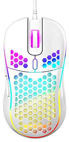 Honeycomb Wired Gaming Mouse, RGB Backlight and 7200 Adjustable DPI, Ergonomic and Lightweight USB Computer Mouse with High Precision Sensor for Windows PC & Laptop Gamers (White)