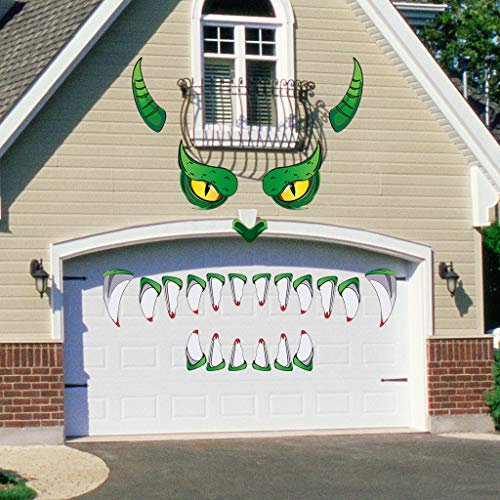 Alnicov Décorations de visage de monstre vert pour Halloween - Décoration effrayante avec yeux et dents pour garage, arche, porte, fenêtre, décoration de voiture, fête d'Halloween