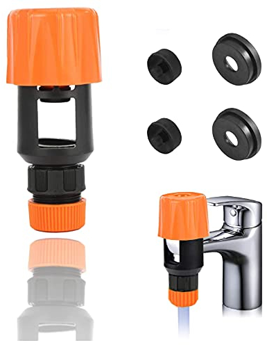 Tap Connector Universal Quick Fitting Hose Connector Mixer Tap Adjustable Faucet Adapter with 4 Replacement Washers for Garden Bathroom Kitchen Indoor Outdoor Hose Pipe (Orange)