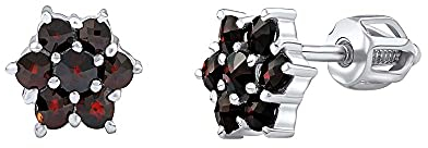 SILVEGO Damen Ohrringe aus 925 Sterling Silber mit echten böhmischen Granaten Blume Ohrstecker 7 mm