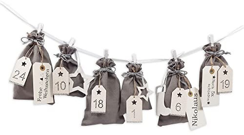 Frau WUNDERVoll® Stoff Adventskalender zum Befüllen Schneeflöckchen Baumwollbeutel grau, Ziffern weiß glitzer/Weihnachtskalender Beutel Sack Säckchen Stoffbeutel Baumwolle Geschenkbeutel