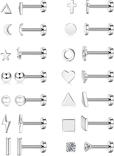 MILACOLATO 14Paar Ohrstecker Klein Damen Herren Ohrringe Silber Edelstahl Mini Geometrische Kreuz Mond Herz CZ Rund Ohrstecker Set Knorpel Tragus Ohrringe Schmuck Mit Schmetterling Kugel Flacher Back