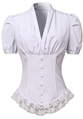 COSDREAMER Womens Victorian Corset Tops Shirts Gothic Steampunk Lace Up Blouse (L, White)