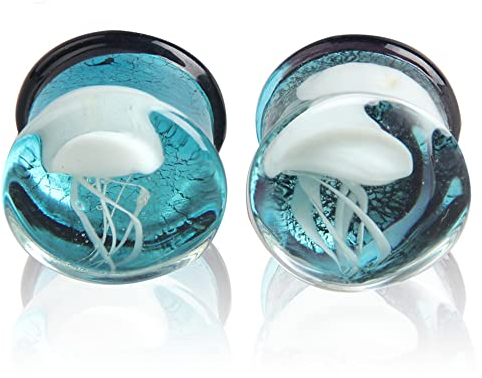 Glas-Ohrstöpsel, Quallen, Tunnel, Expander, einzigartige Ohrringe, doppelt ausgestellt, Körperschmuck, blauer Ozean, Tiermotiv, Glas, Neu