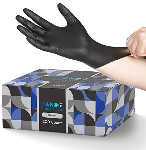 Hand-E Touch Black Nitrile Disposable Latex Free & Powder Free Gloves - 200 Count, Medium - BBQ, Tattoo, Hair Dye, Cooking & Mechanic Gloves