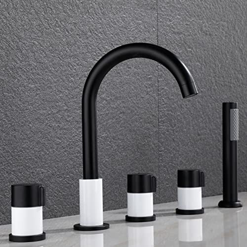 Badewanne Wannenrandarmatur 5 Loch Set Wannenarmatur mit Herausziehbarem Handbrause Bad Dusche Badezimmer Armatur Badewannenarmatur Schwarz+Weiß