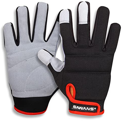 Mens Work Gloves Women Safety Mechanic Working Gloves Utility Multipurpose Gardening Construction Touch Screen Flexible Breathable Padded Knuckles & Palm Heavy Duty (Medium, Black/Grey)