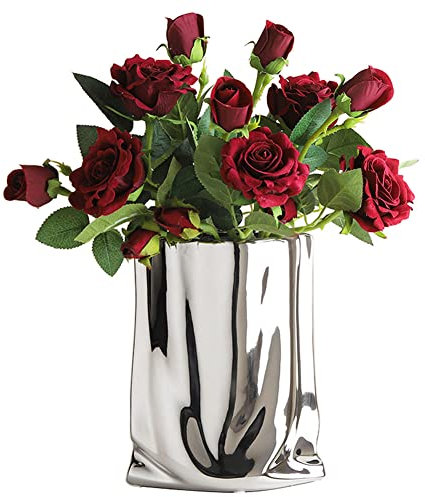 YUANBAO Silberne Blumenvase, Papiertüte, Keramikvase, moderne metallische Glanz, Silbervase, Heimdekoration für Tischdekoration, Wohnzimmer, Regaldekoration, Kaminsims (Silber-Groß)