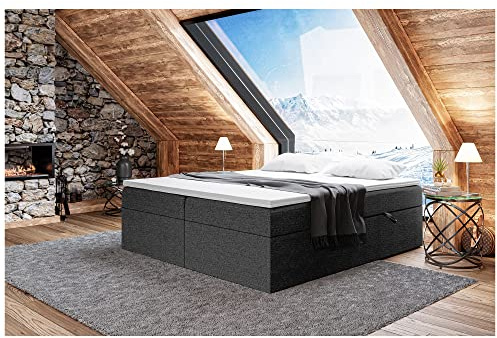 MEBLINI Boxspringbett mit Bettkasten - 160x200 - Gepolstert Doppelbett mit Matratze und Topper - Polsterbett mit Stauraum - Bett ohne Kopfteil - Stauraumbett - Lionel - H3/Schwarz Webstoff