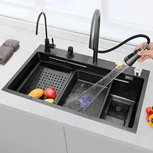 Évier Cuisine 1 Bac Évier INOX Professionnel 304 Évier À Cascade Nano Raindance Evier Encastré avec Rince Verre, Robinet Rétractable, Accessoires D'installation Et Tuyau De Vidange,Noir,75 * 46 cm