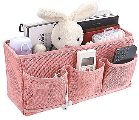 SUMTree Organisateur de chevet suspendu 4 poches sac de Rangement de chevet en filet panier de lit et crochet pour serviette, téléphone, stylos, télécommande (rose)