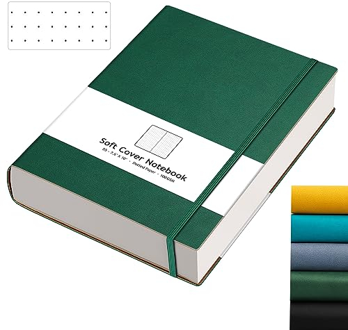 AHGXG Bullet Dotted Journal – 320 Seiten, Punktraster-Notizbuch, B5, großes Tagebuch, 100 g/m² dickes gepunktetes Papier, Leder-Softcover, mit Tagebuch-Schablonen, Innentasche, 19 x 25,4 cm – Grün