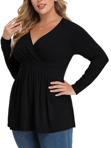 TIANZHU Plus Size Black Tops for Women Wrap Baby Doll Shirt Long Sleeve Winter Tunic Top Dressy V Neck Blouse Empire Waist Low Cut Flowy Peplum Clothing, Black, 3XL