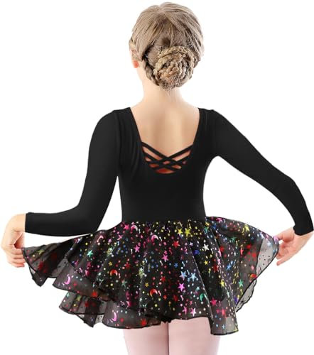 DANSHOW Kinder Ballettkleidung Mädchen Tanzkleider Mädchen Lange Ärmel Balletttrikot Ballettanzug Tanzkleid mit Chiffonrock(40421-06Q-XL)