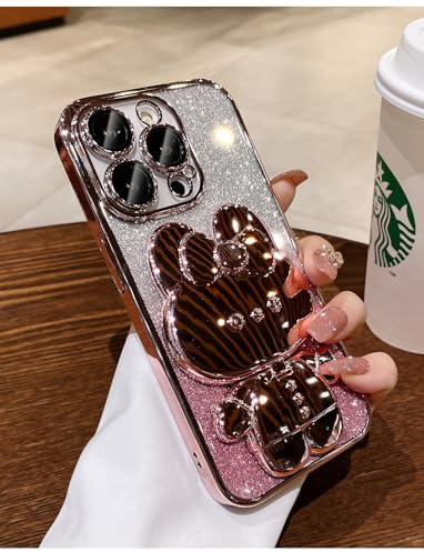 fdsmall Schutzhülle für iPhone 15 Pro, luxuriöse Glitzer-Hülle mit niedlichem Kaninchen-Ständer [militärischer Fallschutz] [vollständiger Kameralinsenschutz] für Damen, Herren, Mädchen, stoßfest,