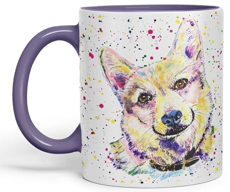 Vixar Corgi Dog Pet Animals Watercolour Art Coloured 330 ml Mug Cup Gift Birthday Work Office Tea Coffee (Purple)