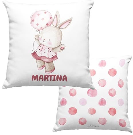 Cojín personalizado, cojín con nombre, guardería, cojín infantil, decoración infantil, cumpleaños, niños, bebé, almohada, vuelta al cole, amigos, regalo original, nacimiento. (CONEJITA)