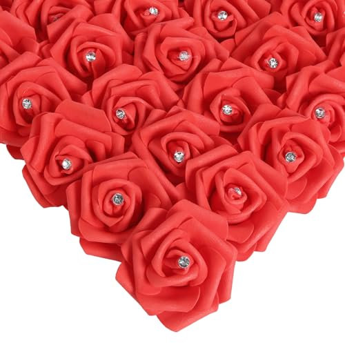 IPOPU Lot de 100 roses artificielles en mousse rouge avec cristal - 7,6 cm - Aspect réaliste - Pour loisirs créatifs, bouquets de mariage, décoration murale, fête prénuptiale, décoration d'intérieur