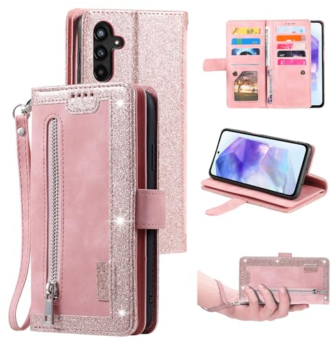 UEEBAI Hülle für Samsung Galaxy A55 5G, Vintage Reißverschluss Handyhülle PU Leder Klapphülle Silikon Bumper mit 9 Kartenfächer Standfunktion Geldbörse Trageband Schutzhülle Wallet Case - Roségold