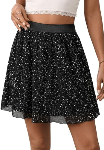 GORGLITTER Glitzer Damen Pailletten Kurz Rock Mit Netzstoff - Minirock Mit Gummizug Sexy Party - Schwarz L